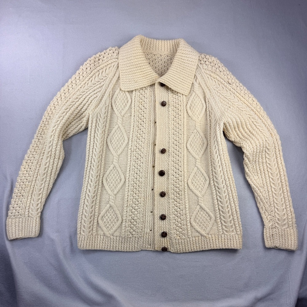 Vintage Fisherman Hand Knit Wool Cardigan Cream Cable Knit Sweater Spread Collar